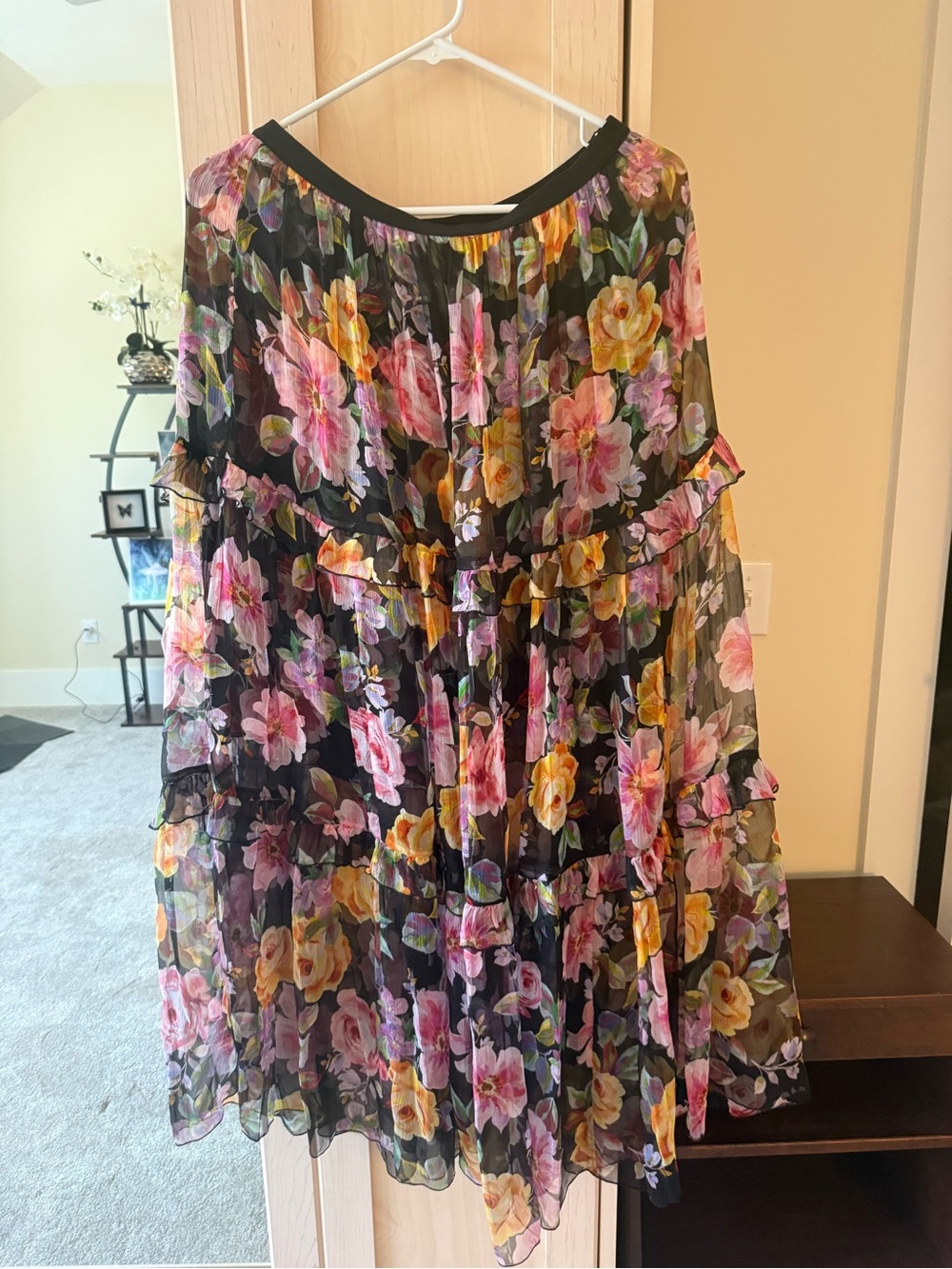 Johnny Was Black Floral Tiered Circle Skirt with Pink & Yellow Blooms